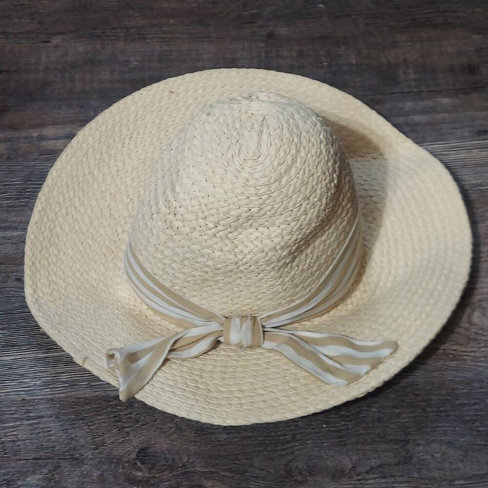 Vince Camuto Wide Brim Paper Straw Sun Hat Striped Bow O/S Natural Cream